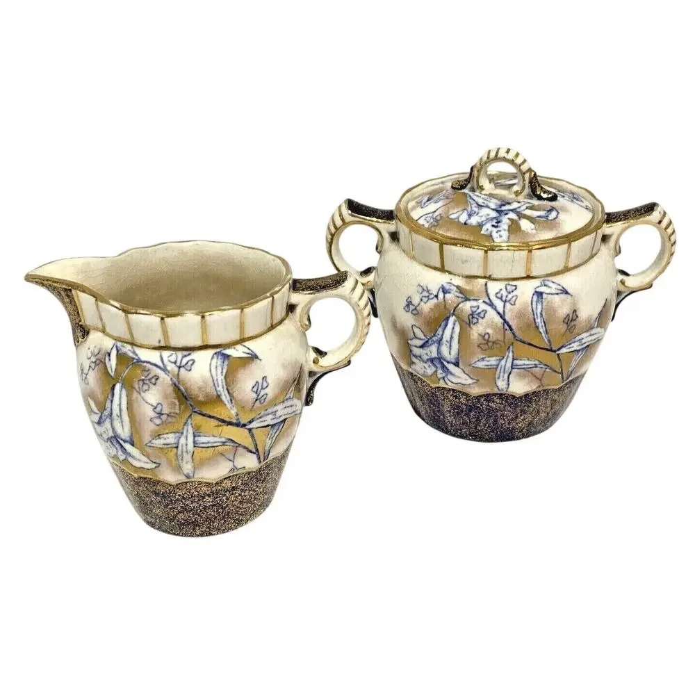 Vintage porcelain creamer & covered sugar bowl cobalt blue white and gold floral